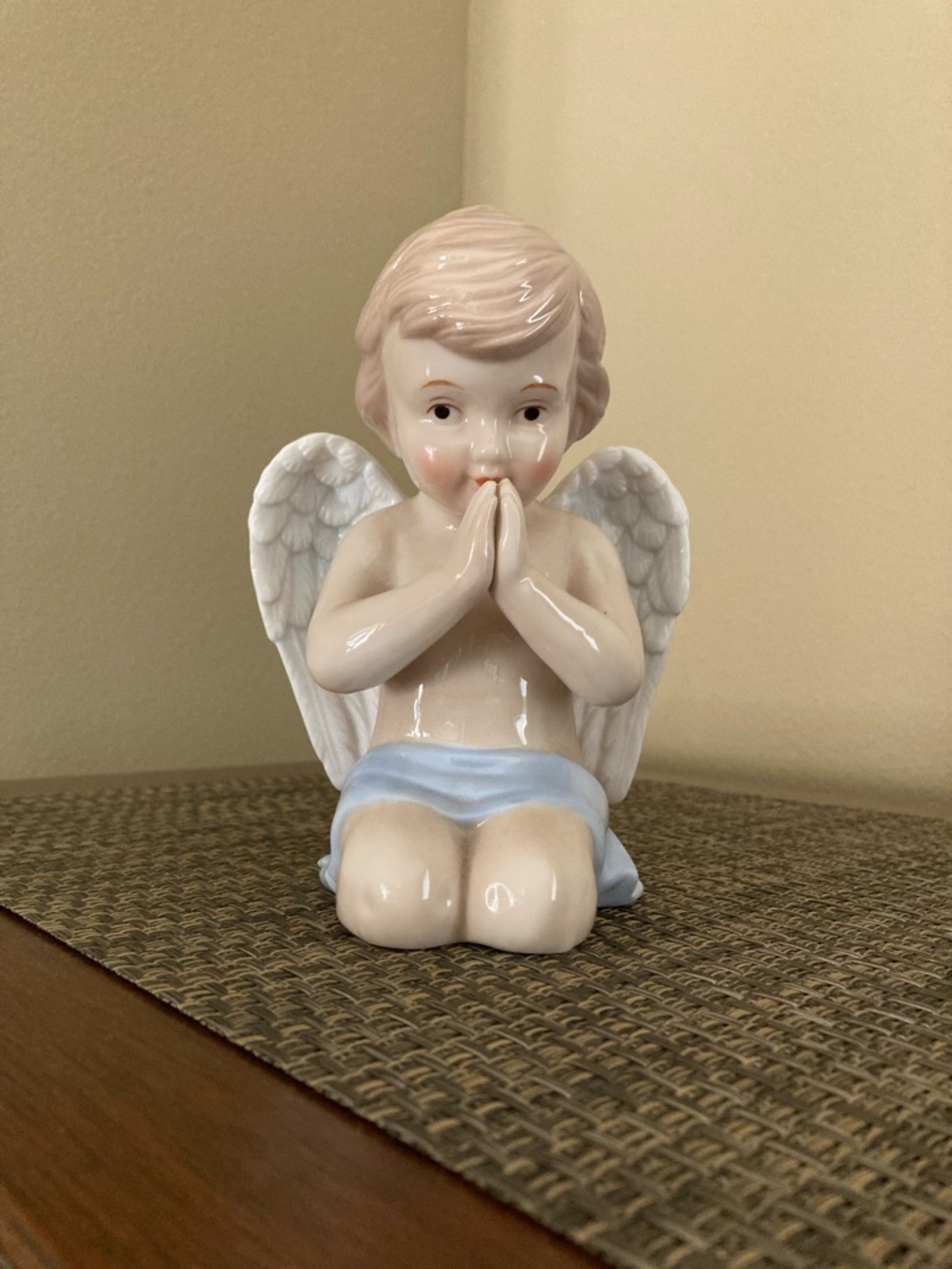 Lefton Porcelain Praying Angel Figurine in White and Light Blue